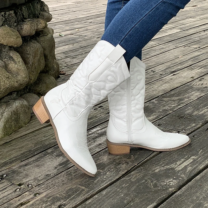 

Fashion Ladies Cowboy Boots Winter Female Shoes Women's Pionted Toe Long Boots New Chunky Heel Mid Calf Riding Boots for Women
