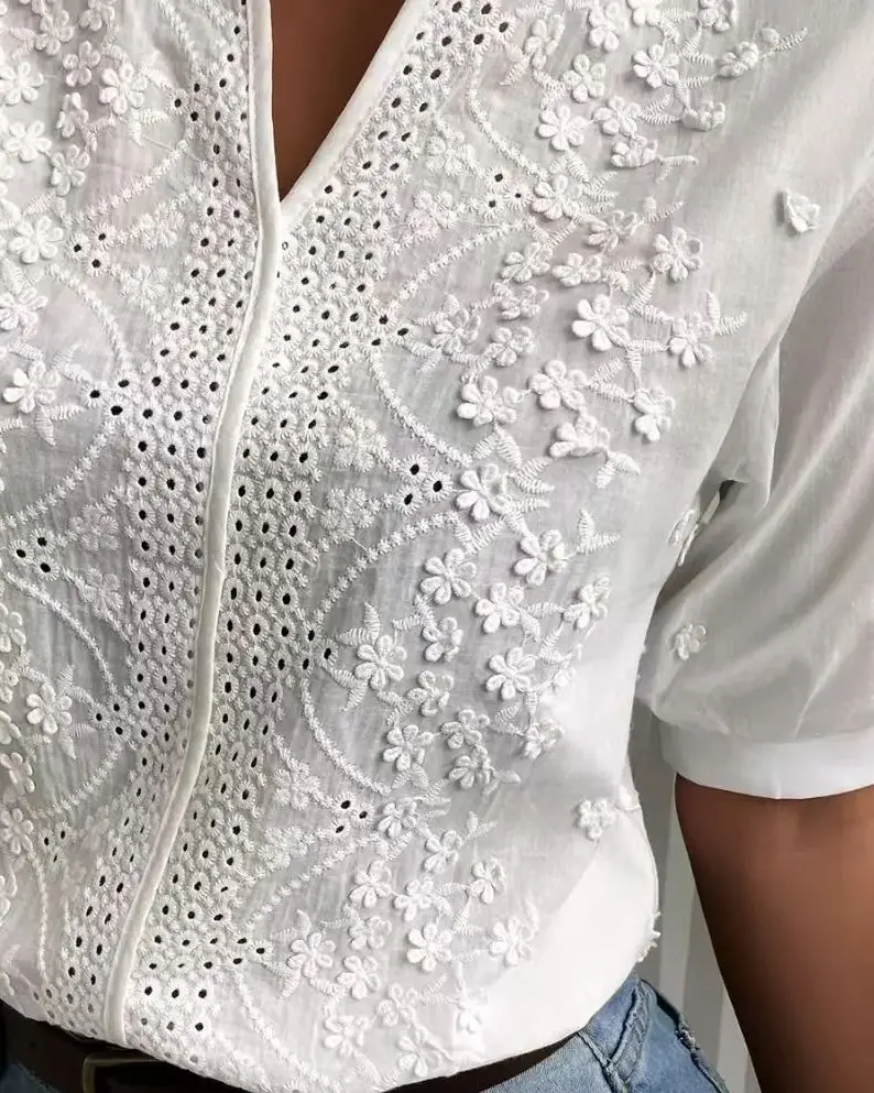 Лето 2025 г. элегантная белая рубашка с коротким рукавом винтажные топы вязаные