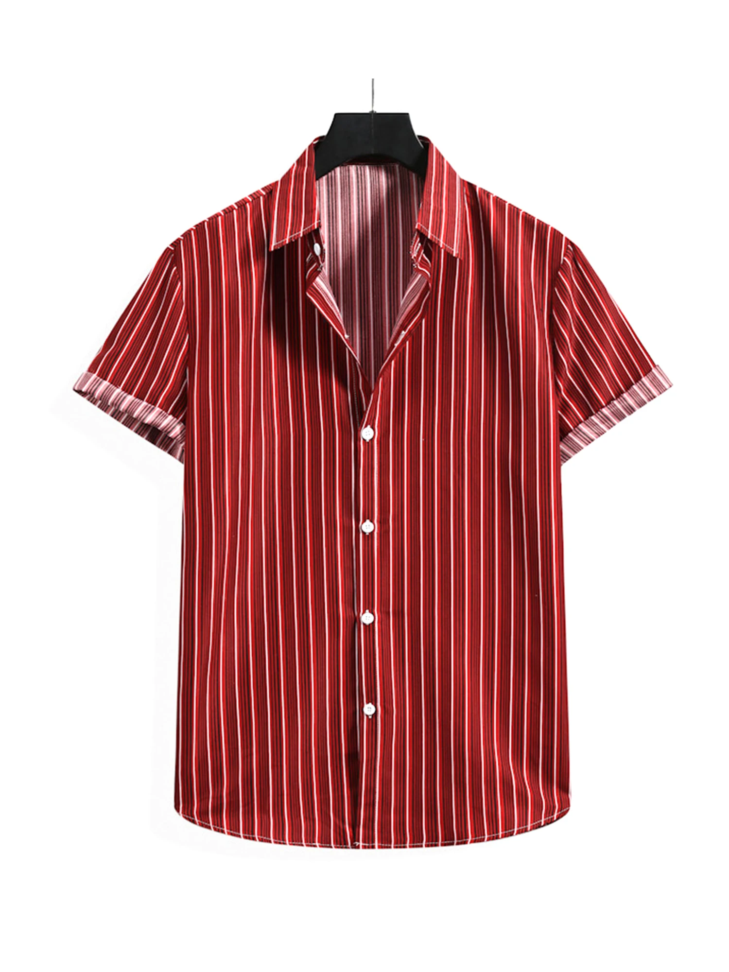 

Pinkdeer Men s Lapel Short Sleeve Striped solid color Shirt Brown Blue Red
