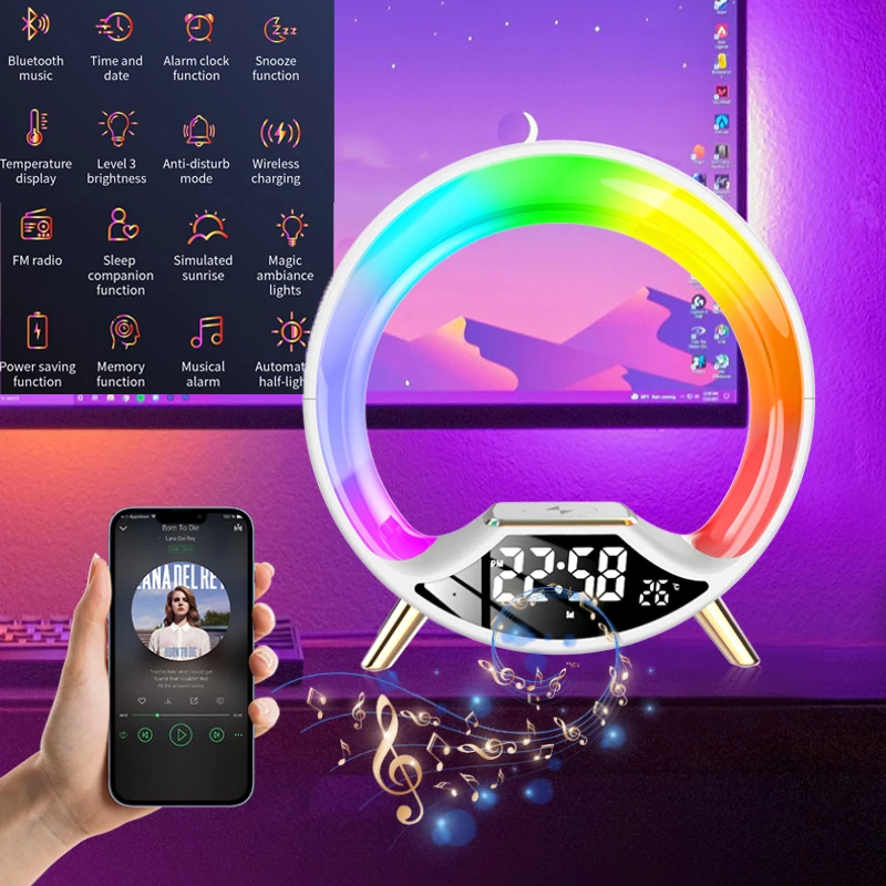

NEW Multi-Functional Wireless Charger Atmosphere Lamp Intelligent Bluetooth Speaker LED Table Lamp Night Light Touch Lamp Clock