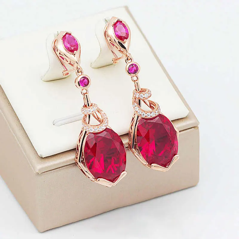 

585 purple gold plated 14K rose gold ruby luxury earings for women fashion Long Eardrop wedding engagement jewelry gift