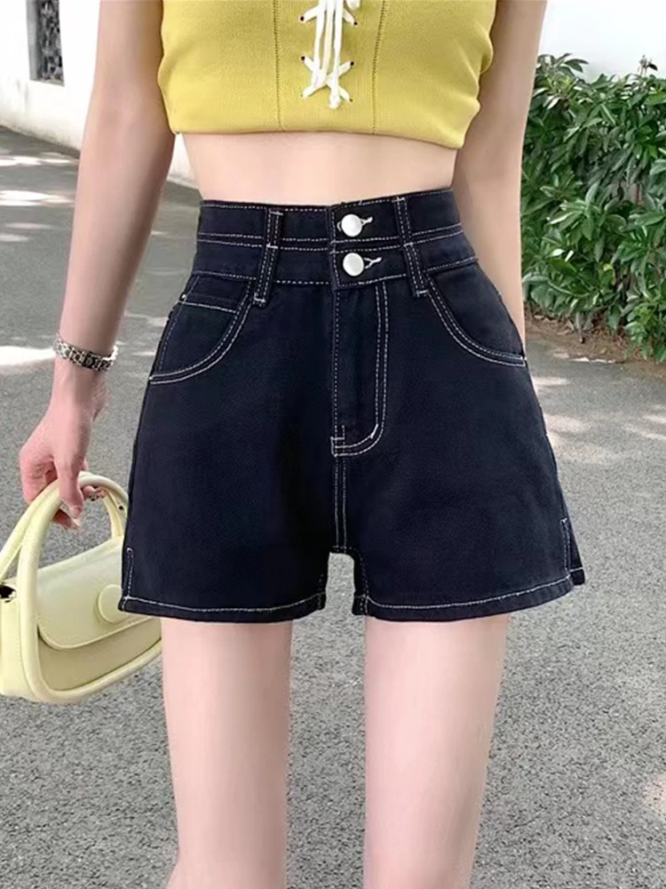 Streetwear Women High Waist Loose Black Denim Shorts Spring Summer Female Button Wide Leg Jeans Shorts Bottoms
