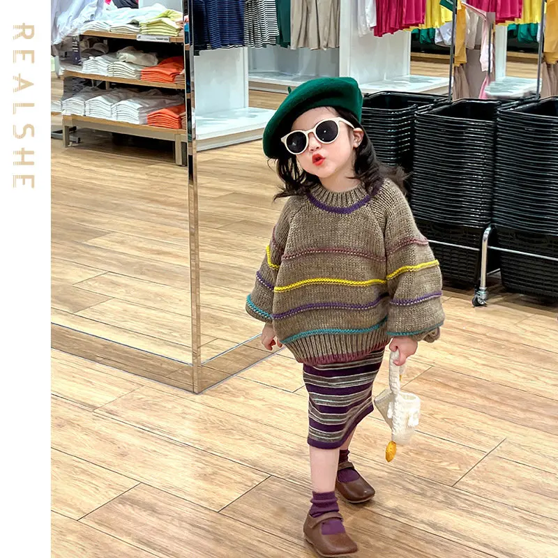 

2023 Little Girl 2pcs Outfits Long Sleeve Pullovers Sweater + Knit Striped A-line Skirts Girls Set Children Clothing