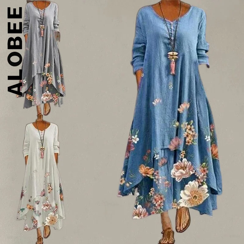

Alobee Fashion O Neck Buttons Irregular Hem Maxi Dresses Floral Print Long Dresses Harajuku Clothing Vestidos Female