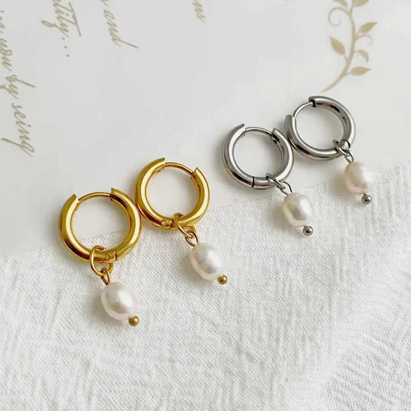 

Vintage Gold Color Stainless Steel Hoop Earring Natural Pearl Drop Earrings Elegant Glamour Trendy Statement Jewelry Waterproof