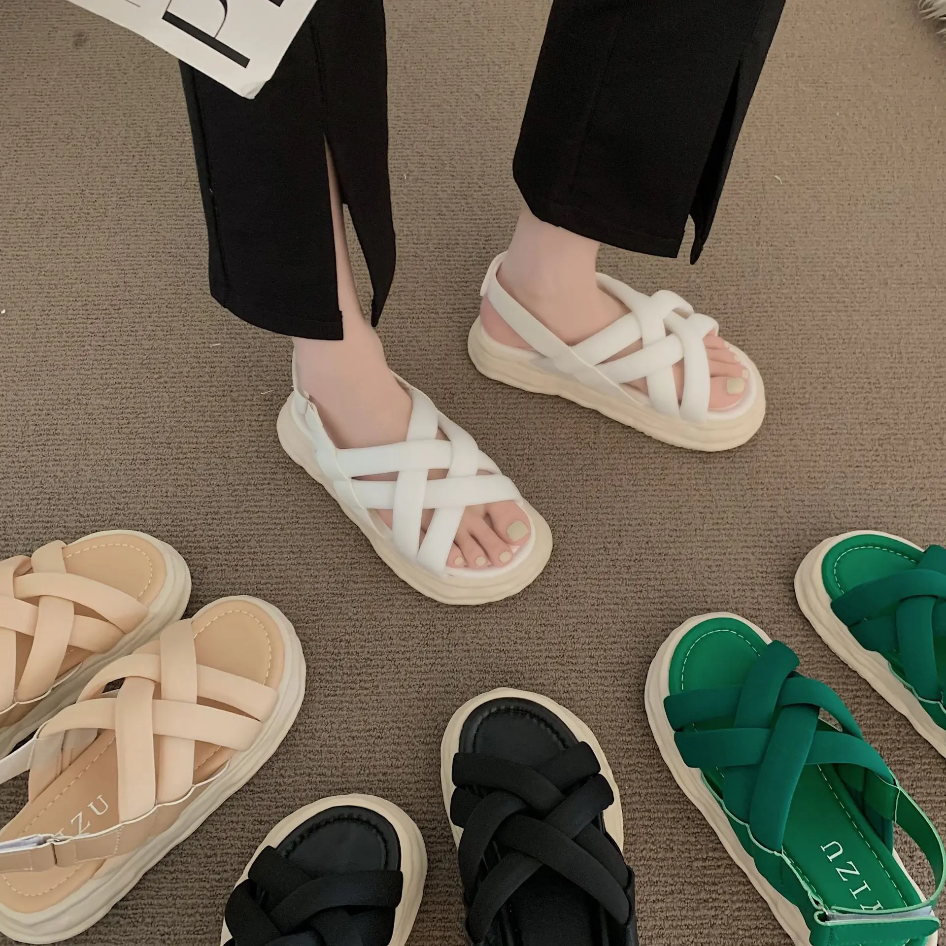 

2022 Sandals Female Shoe Anti-Skid Buckle Clear Heels New Girls Low Summer Fashion Comfort Beige Beach Sports PU Rubber Casual