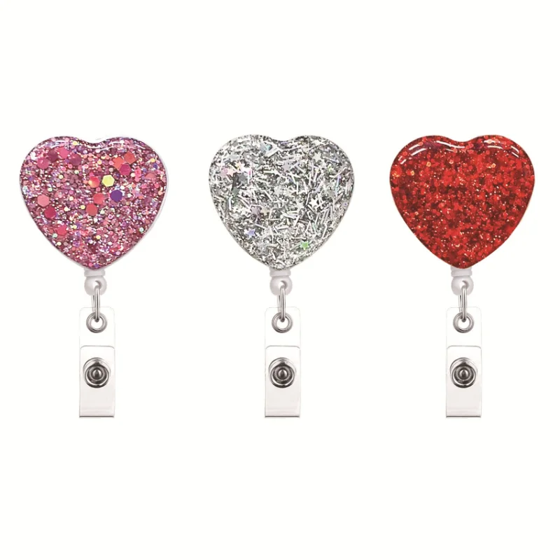 

Glitter Powder Love Heart Badge Reel Rotatable Chest Pocket ID Tag Clip Staff Employee's Pass Work Card Clips Badge Reels