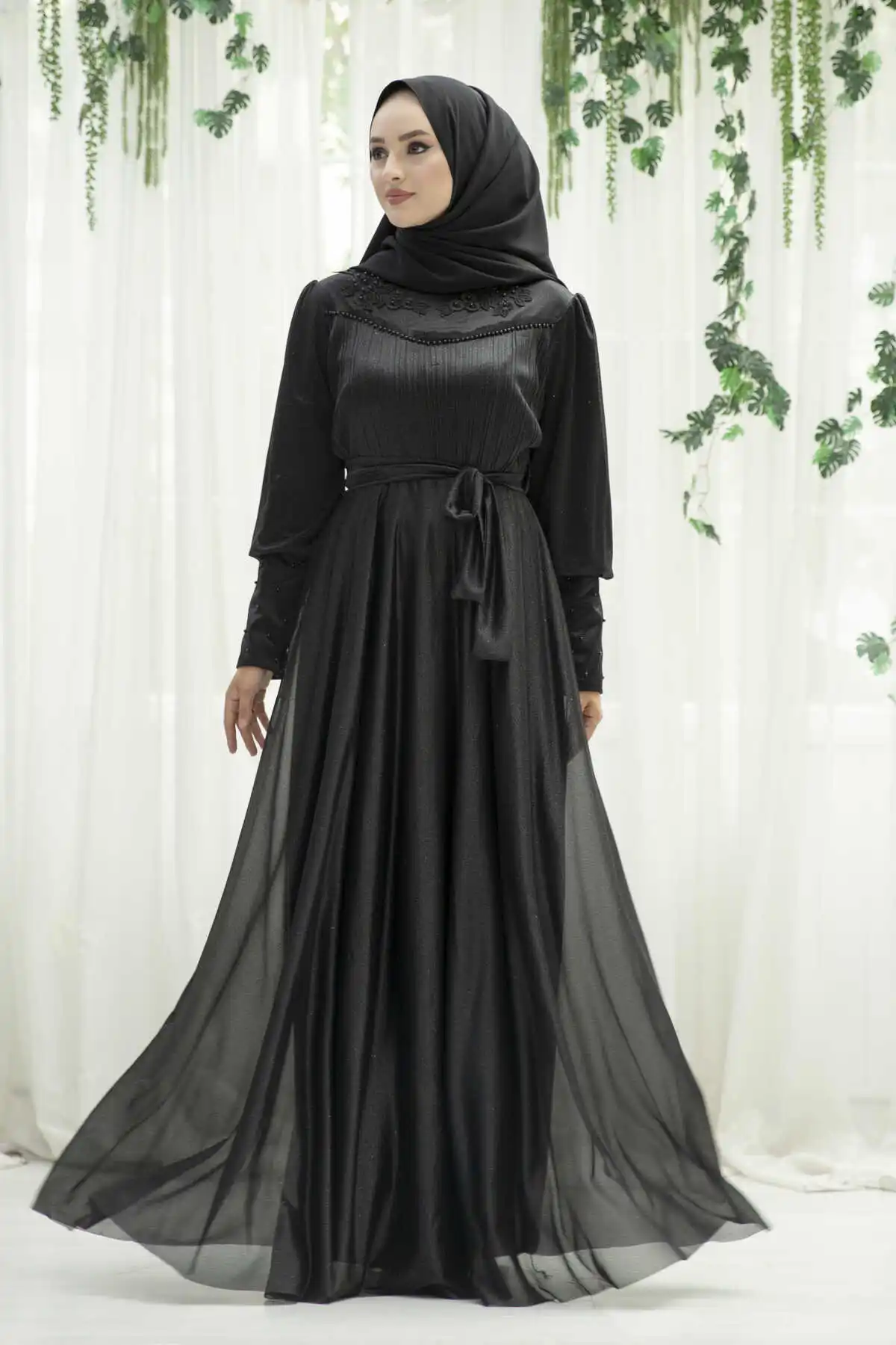 Сетчатое кружевное прозрачное серебристое шифоновое вечернее платье-хиджаб черного цвета