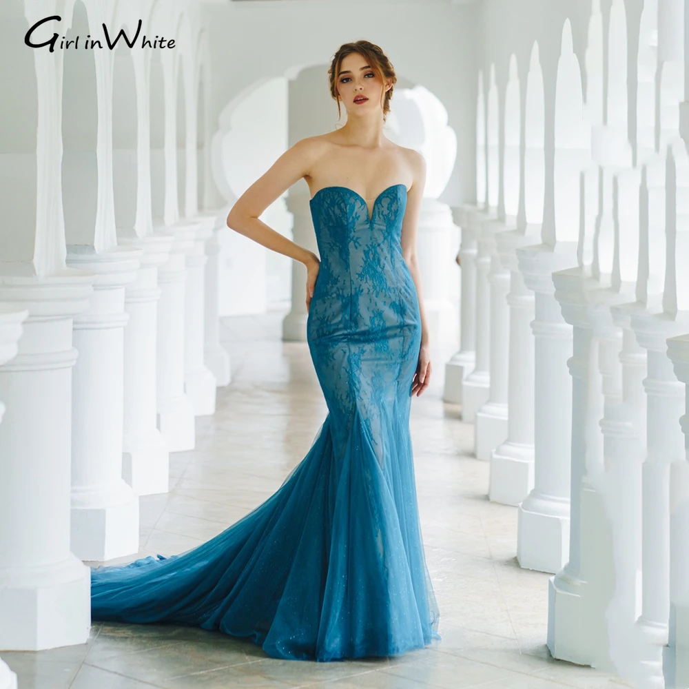 

Dusty Blue Mermaid Long Evening Dress Lace Sweetheart Party Prom Dresses Tulle Sexy Sleeveless Women Gowns robe de soirée