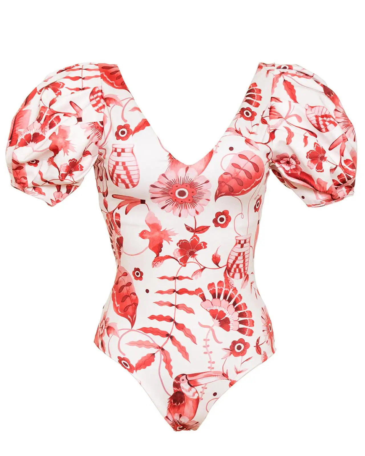 Puffy Sleeves Floral Print Beachwear 2023 Women's Fashion Swimwear Summer V Neck One Piece Swimsuit Beach Style Bathing Suits