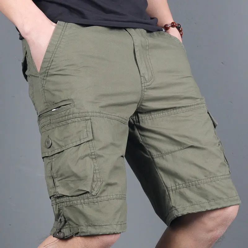 

2022 Summer Men's Fashion Loose Multi-pocket Shorts Male Solid Color Knee Length Shorts Men Large Size Casual Beach Shorts G32