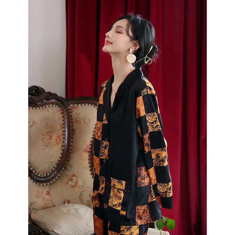 Plaid pajamas women's ice silk long-sleeved trousers two-piece retro pajama set women ชุดนอน