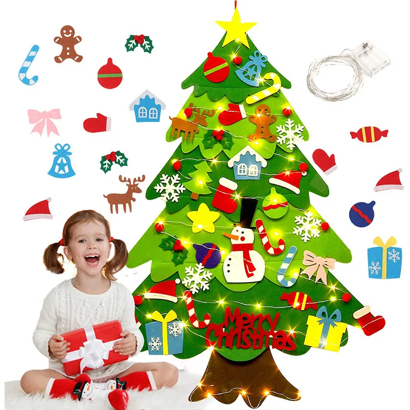 DIY Felt Christmas Tree with LED Light Christmas Day Pendant Home Decoration Educational Toys Best Gifts For Children Kids
