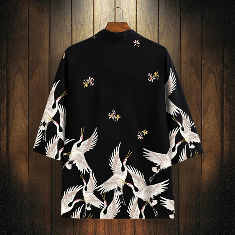 National Fashion Crane Cape coat Men's Autumn Thin Half Sleeve Robe Chinese Sle Daily Leisure Feather Woven Top