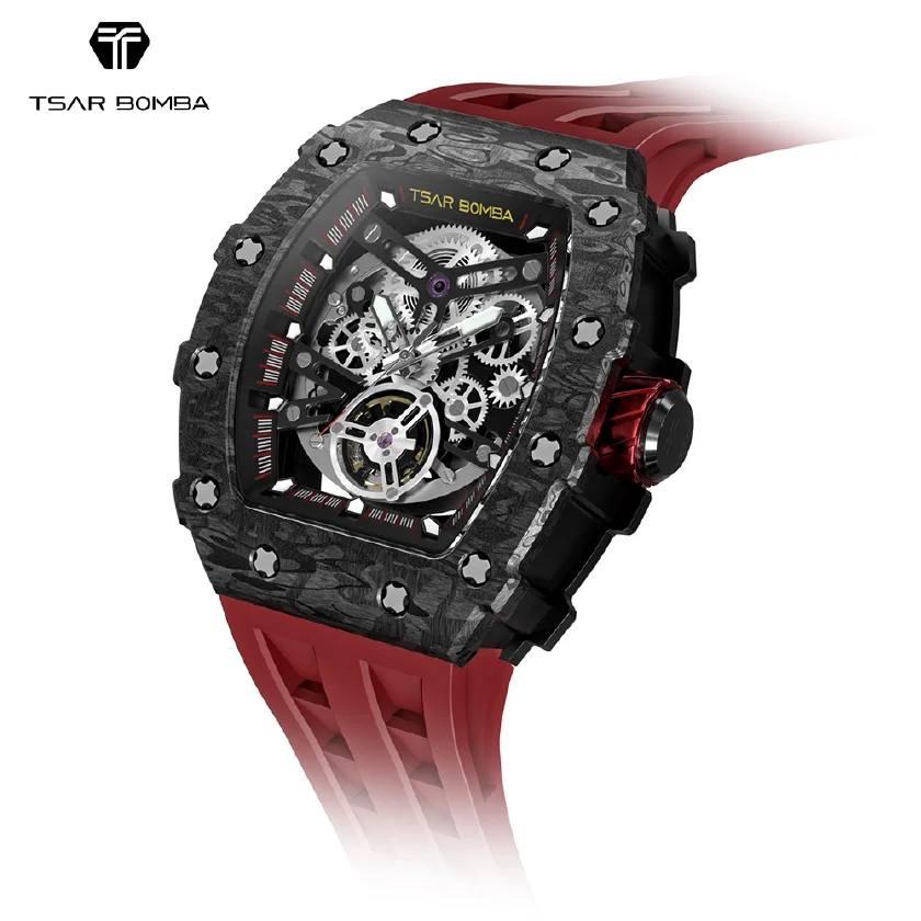 

TSAR BOMBA 2022 New Automatic Watch for Men Carbon Fiber Bezel Skeleton Luxury Watches Clock Waterproof Business Mens WristWatch
