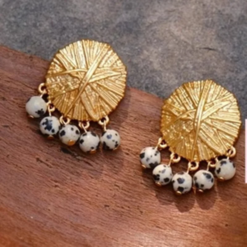 

Vintage high trend spotted stone bronze plated 18k gold stud earrings fashion personality unique earrings