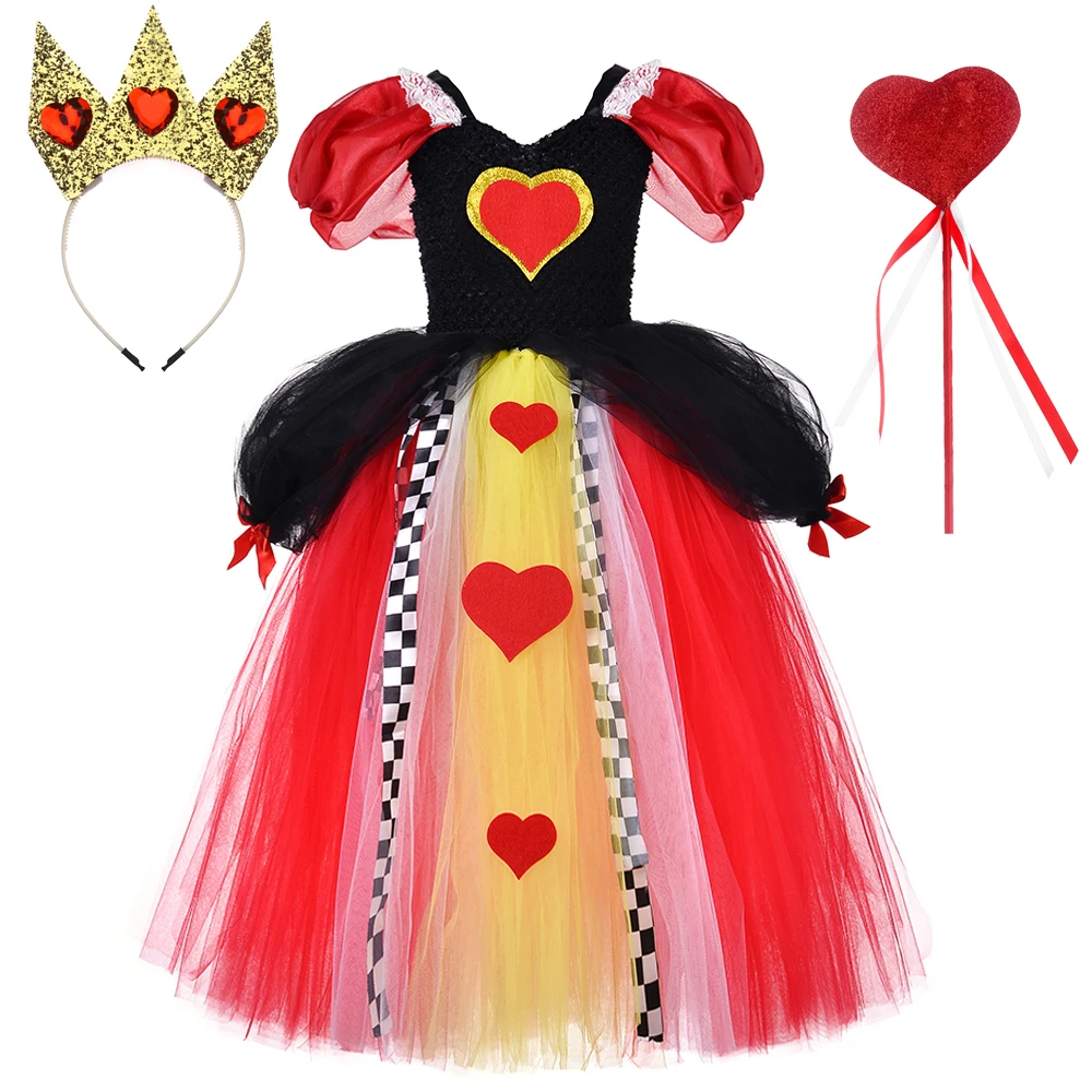 

Черно-красное платье-пачка королевы сердец для девочек, карнавал, Хэллоуин, косплей, костюм страны чудес для детей, Необычные праздничные платья