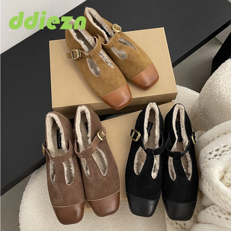 

Туфли женские короткие плюшевые, элегантная обувь на плоской подошве, Т-образный ремешок, Мэри Джейн, Лолита, квадратный носок, на осень