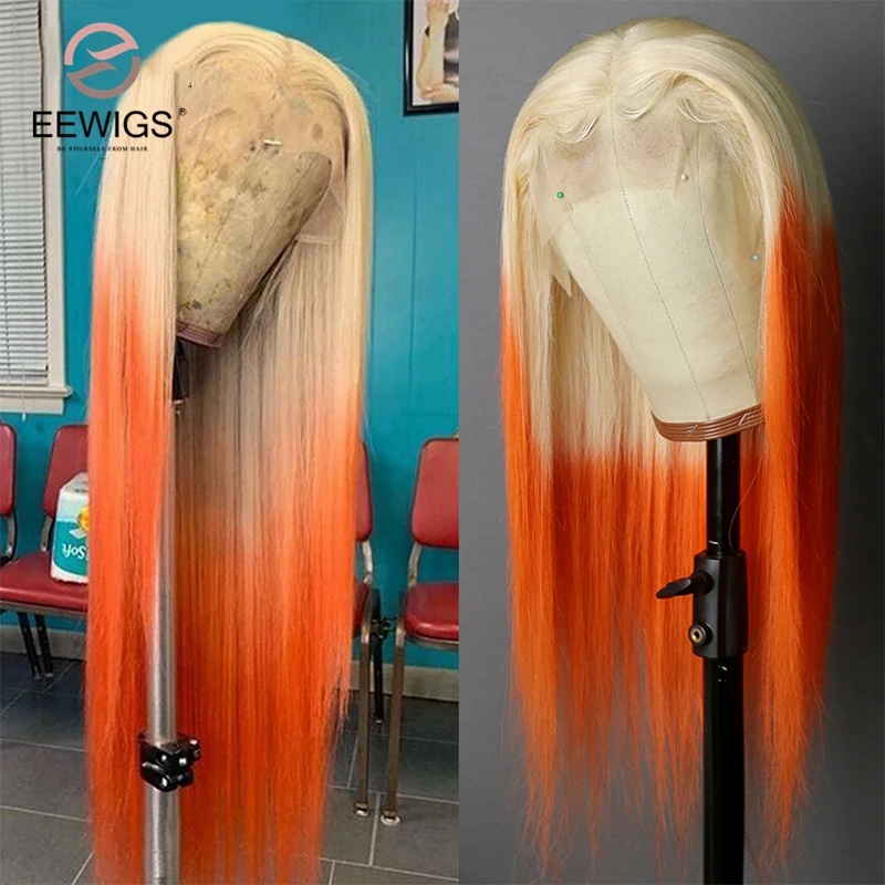 

Honey Blonde Orange Ombre Colored 30 Inch Long Straight 13×4 Synthetic Transparent Lace Front Glueless Cosplay Wigs For Women