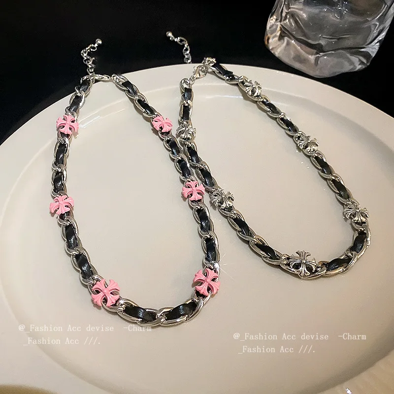 

Fashion leather winding pendant cross necklace women's light luxury pink silver necklace copper necklace jewelry