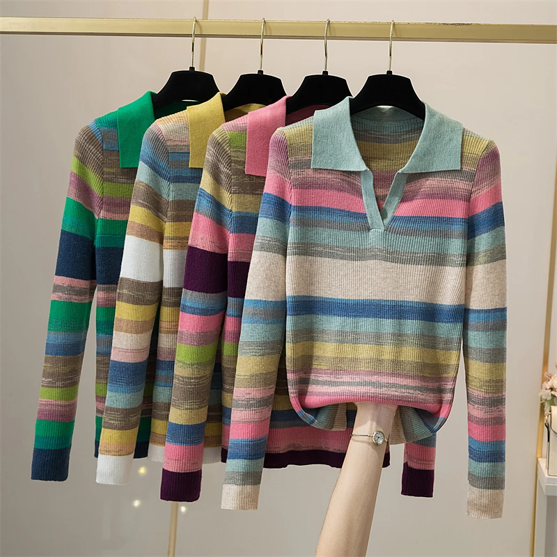 

Spring And Summer New Rainbow Stripe Knitted Top Women's Long Sleeves Thin Design Feeling Polo Thin Sweater