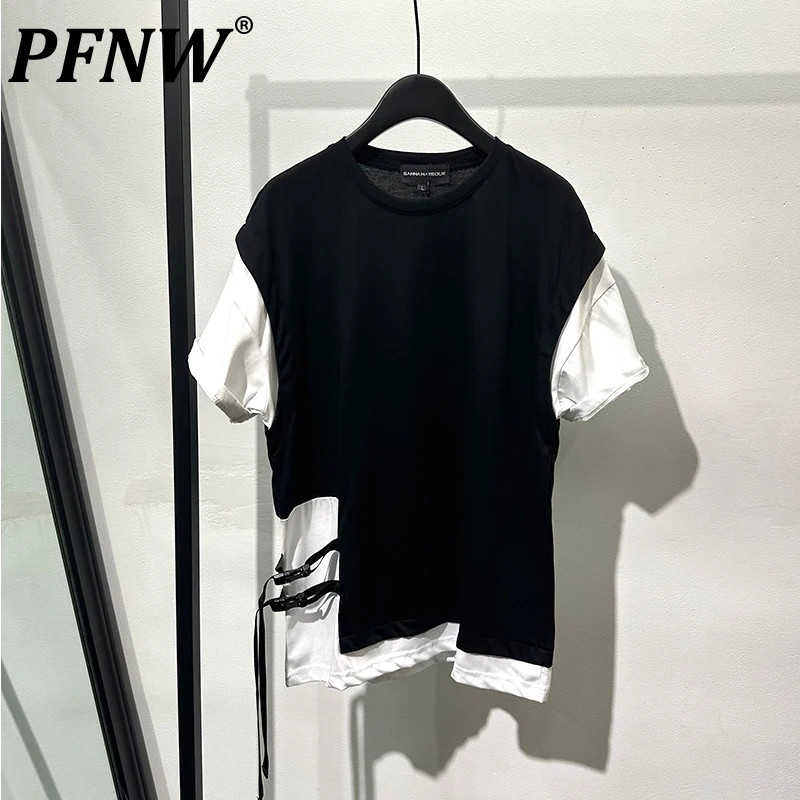

PFNW Summer Men's Darkwear Fake Two-piece T-shirt Popular Casual Handsome Functional Tops Abstract Versatile Ribbon Tees 12Z1450