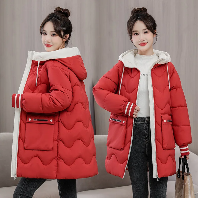Down Cotton Women 2022 Winter New Korean Edition Students Padded Padded Jacket Loose Medium Long Color Coat