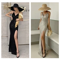 sexy sequined evening dress robe de soiree 2021 v neck sleeveless backless mermaid long robe side slit off shoulder party dress