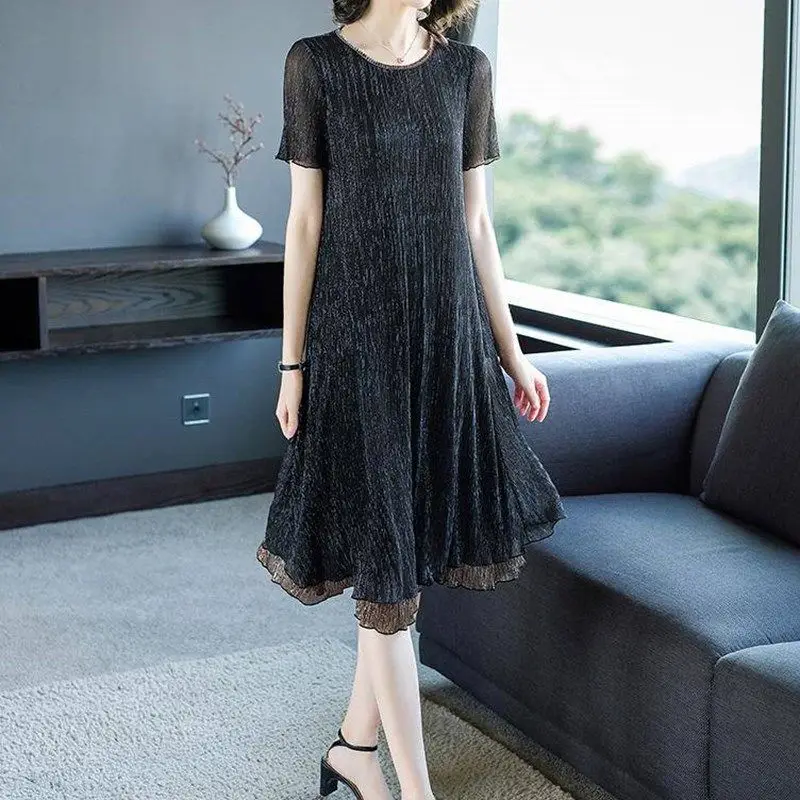 

2022 Women Summer New Gauze O-neck Pullover Dress Female Short Sleeve A-line Dresses Ladies Solid Color Loose Vestidos Q26