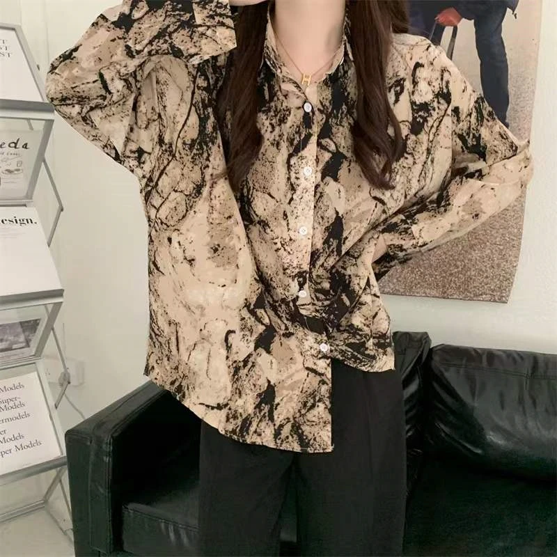 

Vintage Chiffon Shirts Loose Cardigan Top Female Casual Long Sleeves Korean Button Ink Fashion Spring Women-blouses 2022 New