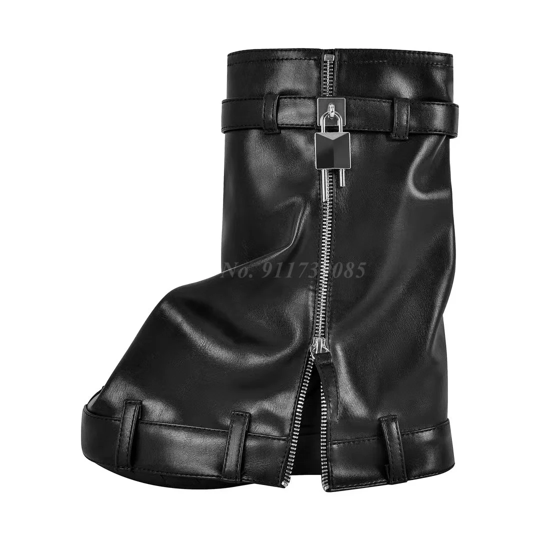 

Leather Barrel Lock Shark Buckle Short Boots Black White Silver Round Toe Wedge Heels Booties Trouser Leg Boots Size 44 Shoes