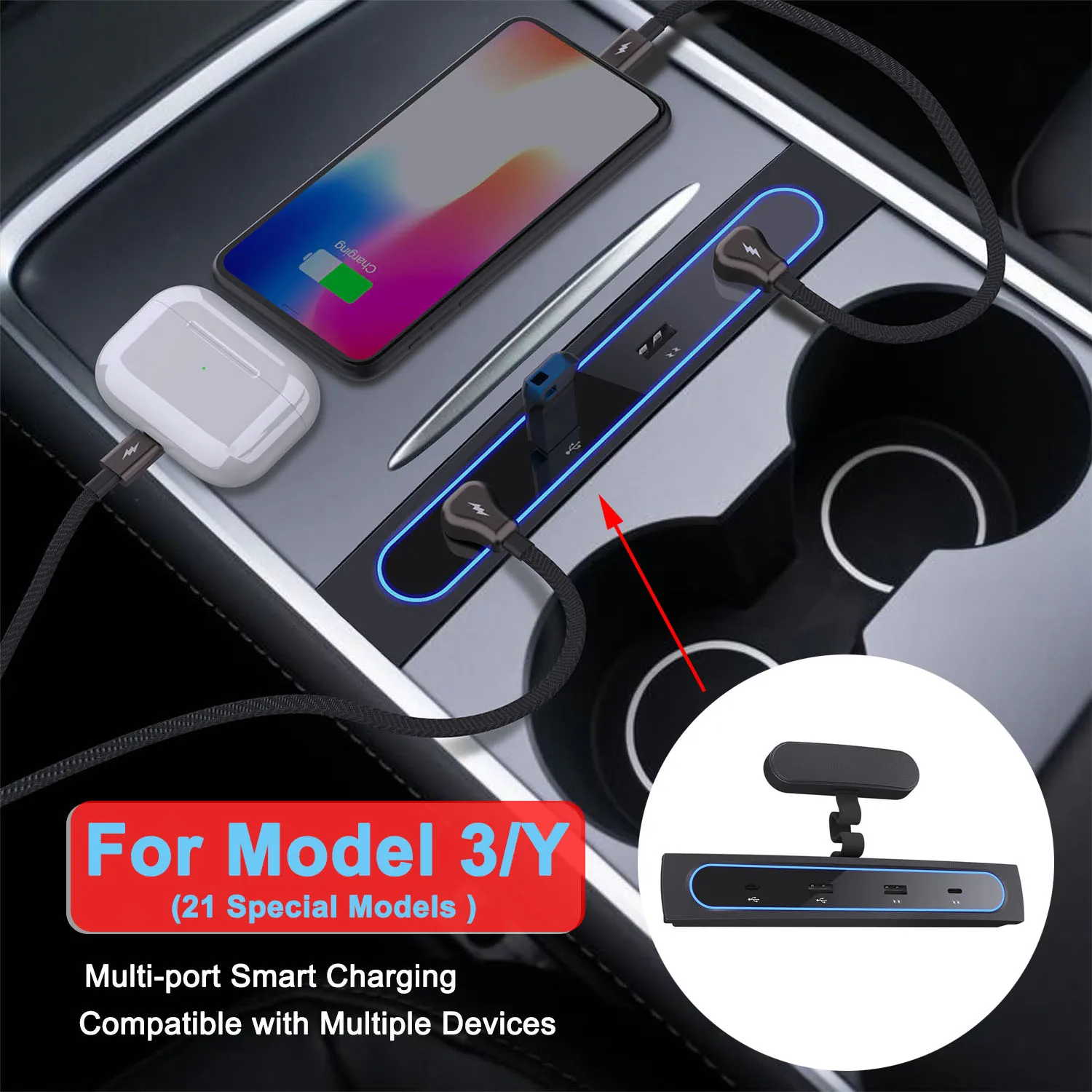 

USB Shunt Hub For Tesla Model 3 Model Y 27W Quick Charger LED Intelligent Docking Station Powered Splitter Extension Accessories