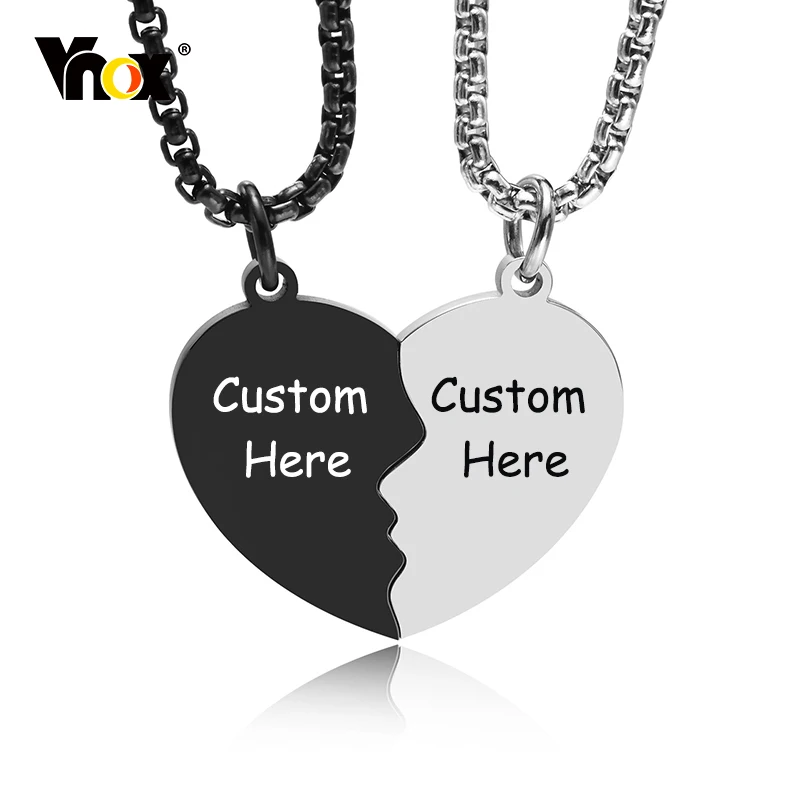 

Vnox Free Custom Couple Love Necklaces for Women Men,2pcs/set Heart Puzzle Pendants with Adjustable Box Chain,BFF Collar Jewelry