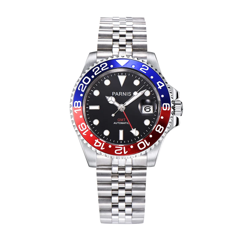 

New Fashion Parnis 40mm Blue Red Bezel Mechanical Automatic Men Watches GMT Sapphire Crystal Watch relojes hombre Man Clock 2022