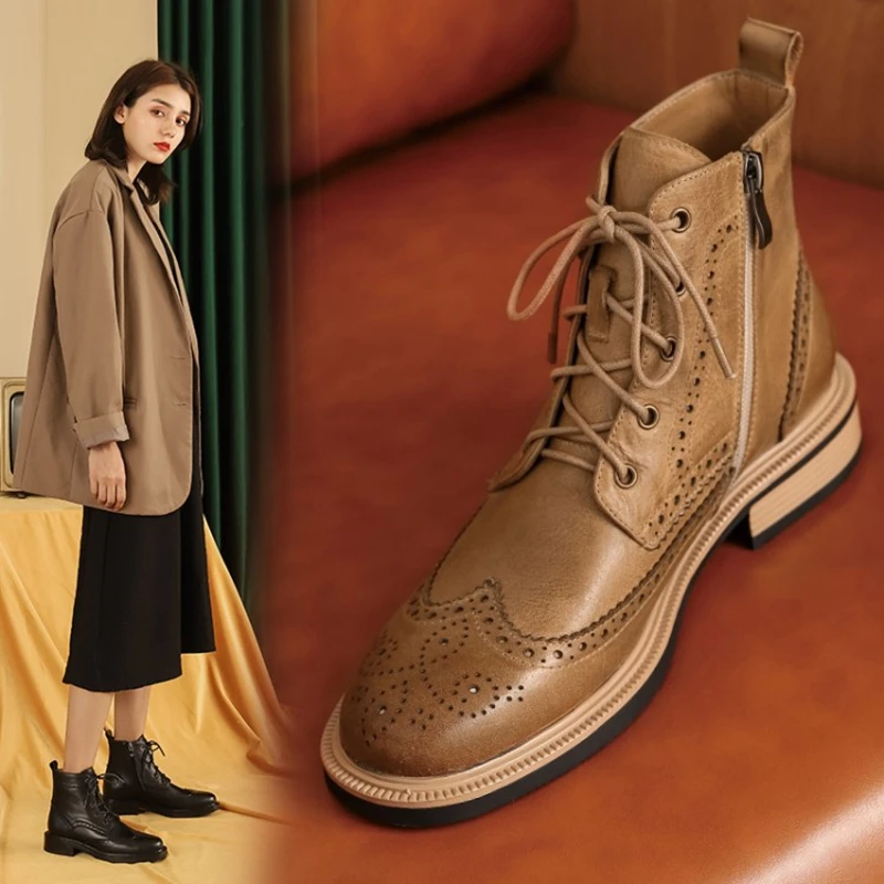 New Fall Shoes Women Round Toe Low Heel Women Shoes 2021 Winter Women Boots Genuine Leather Brogues Boots for Women Retro Boots