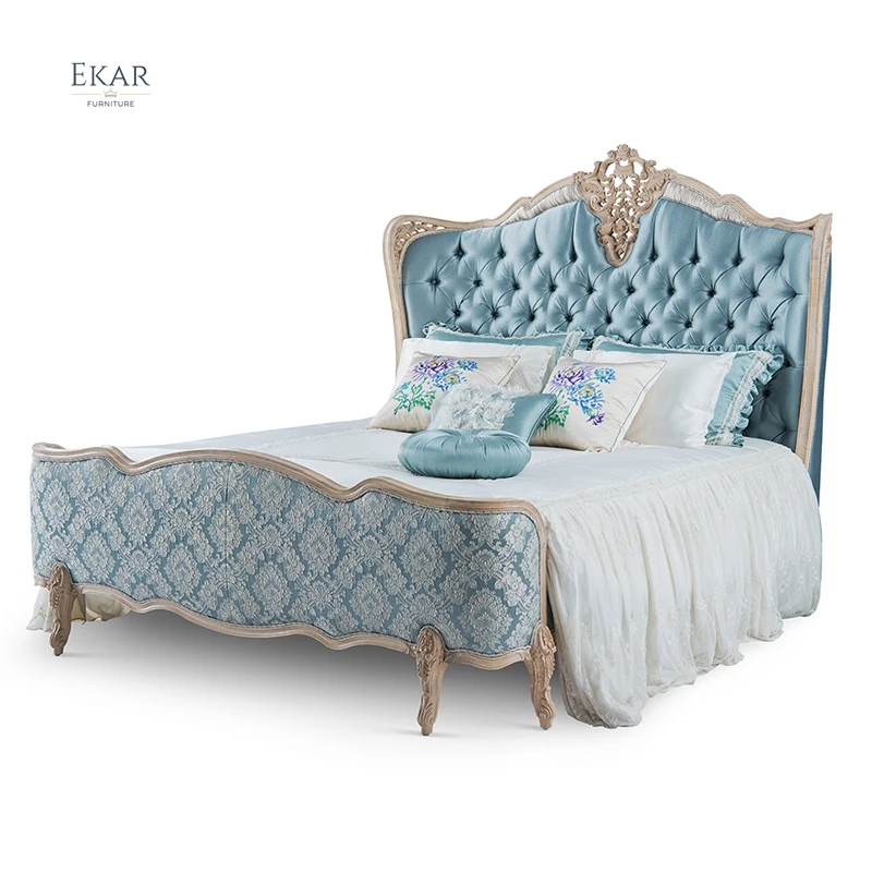 Soild Ash Wood Carved Upholstered Blue Fabric Super King Bed