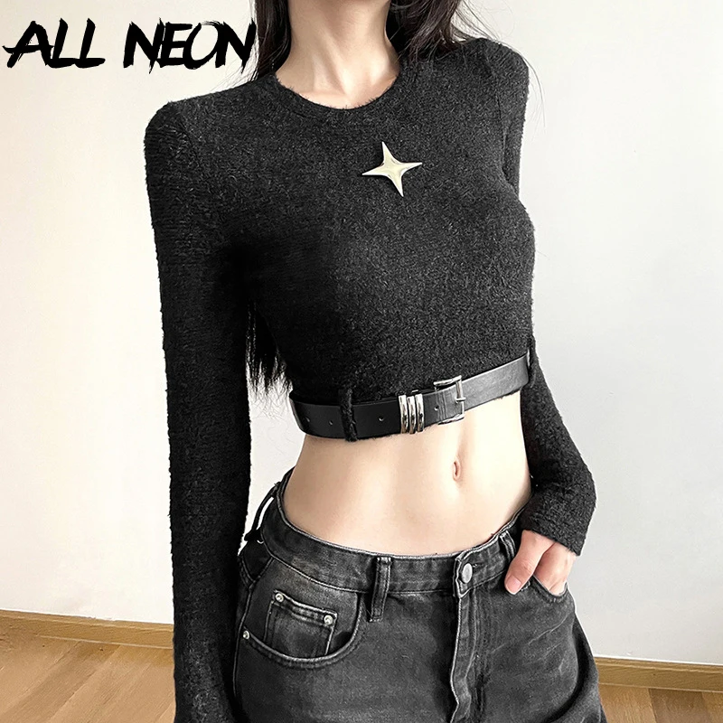 

ALLNeon Gothic Black Round Neck Crop Tops Women Autumn Cloth Cyber Y2K Long Sleeve Belt T-Shirts Punk Slim Pullovers Streetwear