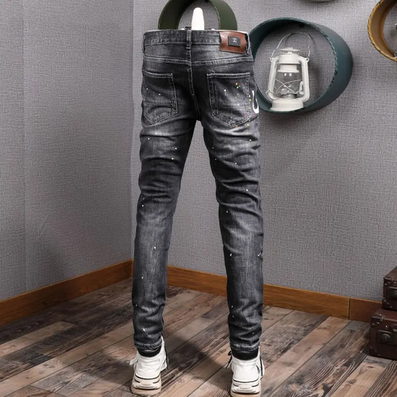 Джинсы мужские Стрейчевые в стиле ретро модные рваные Брюки Slim Fit с заплатками