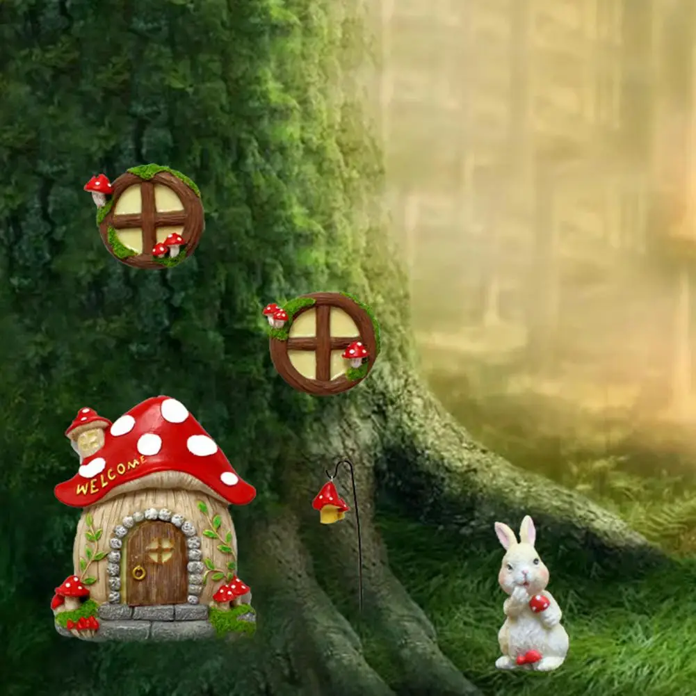 

Excellent Mushrooms House Micro Landscape Tree Ornament Miniature Fairy Window Synthetic Resin Decorative