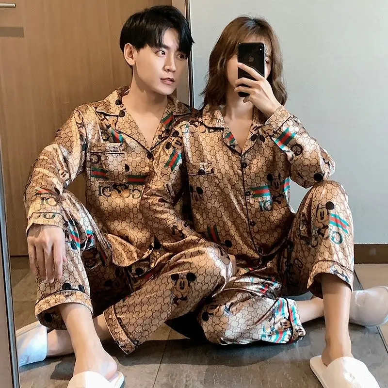 2023 Lovers pajamas Couples ice silk pajamas women in 2023, the new age season long thin silk leisurewear suit men's summer