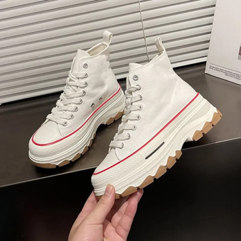 Women Canvas Shoes High Top Vulcanize Shoes Lace Up Casual Sneakers Plarform Height Increasing Girl Shoes Female Ankle Boots