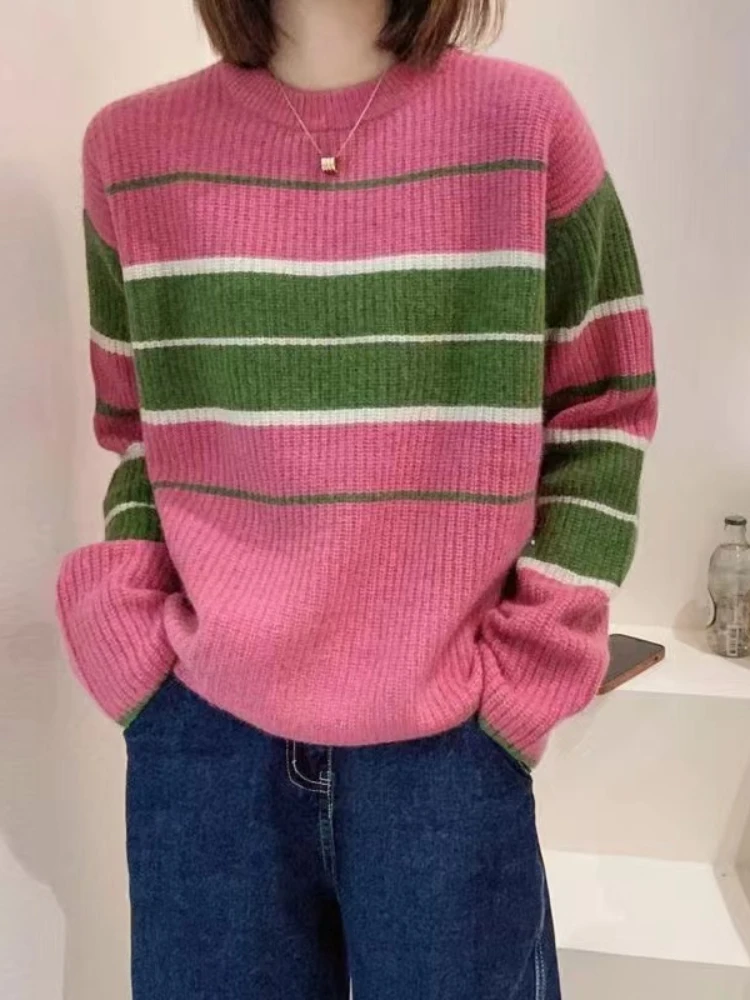 

Fashion Women's Sweater 2023 New autumn winter Round neck long sleeves Knitwear tops Korean stripe Color block LOOSE Pullovers