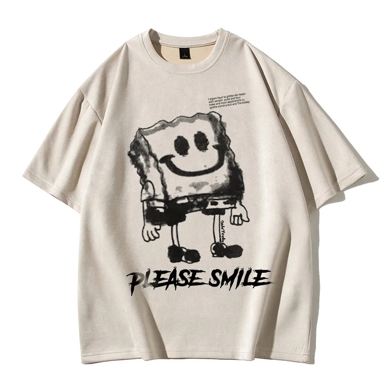 

Новинка, летняя хлопковая Футболка Kawaii с коротким рукавом, Губка Боб, Мужская Студенческая Летняя мода, американский винтажный Свободный Топ