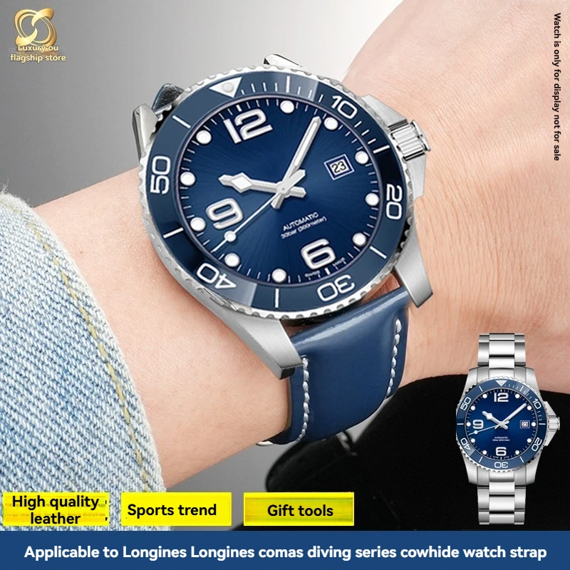 Фото Для Longines Conquest Спортивный кожаный ремешок (модель L3.742 642 782) - 21 мм Мужской спортивный деловой черный кожаный ремешок с защитой от пота №2