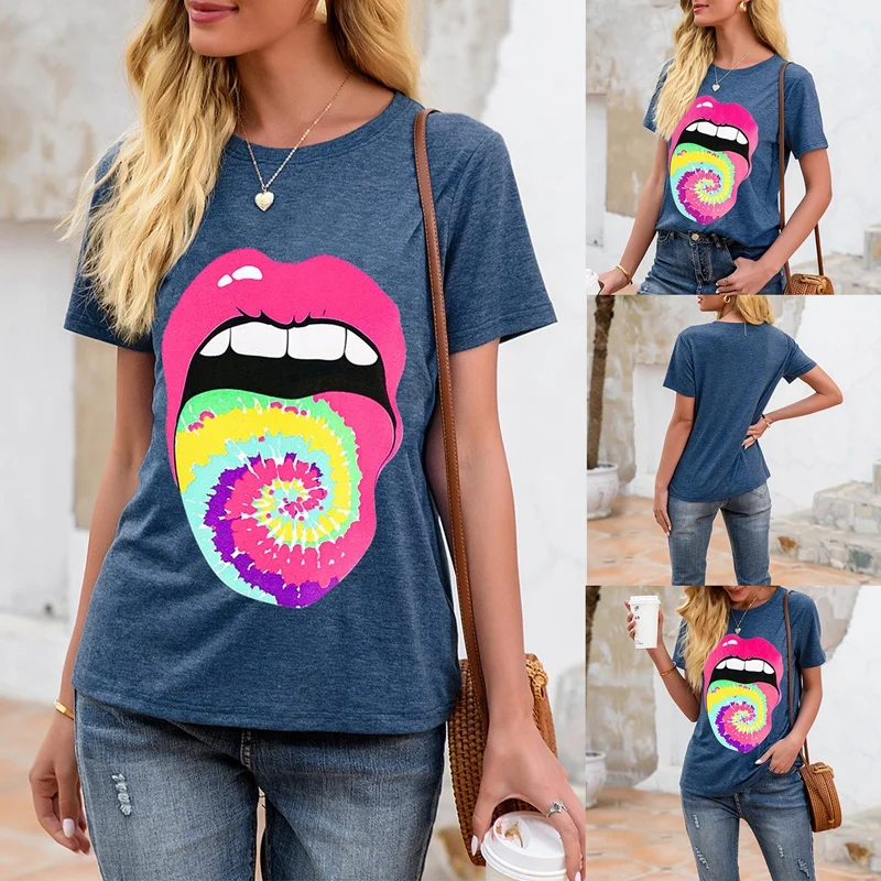 

Women's New Fashion Lip Printing Loose Top Short Sleeve T-Shirt Blue