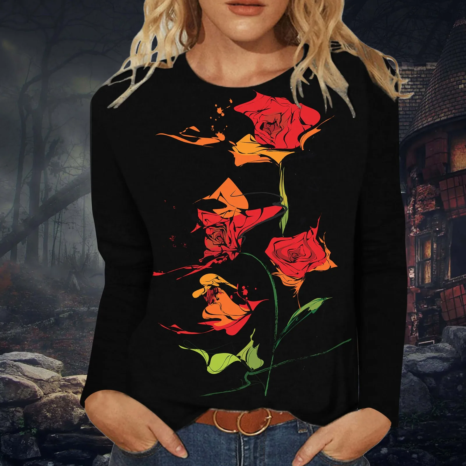 

Женская туника, блузка, женская рубашка с длинным рукавом и круглым вырезом, с принтом розы Batterfly, топы, блузка, женская Повседневная футболк...