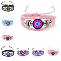 fashion boho mandala pattern collection 18mm glass cabochon snap leather bracelet 4 colors gift jewelry for men and women