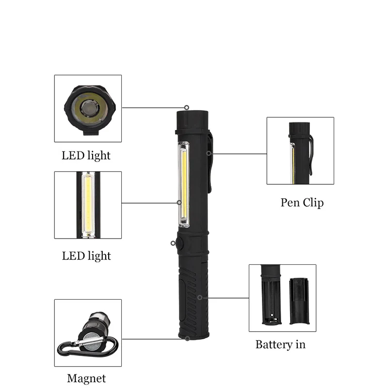 

LED Flashlight Torch Lamp with The Bottom Magnet and Clip Black/Red Multifunction COB LED Mini Pen Light Work Inspection