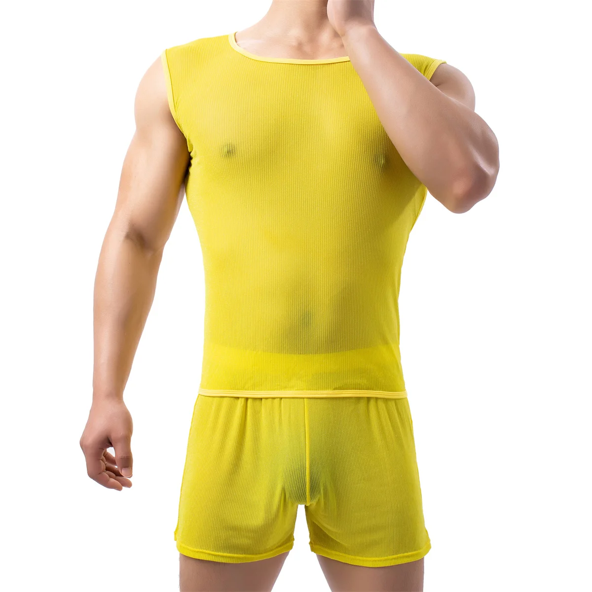 Mens Tank Top Mesh See Through Vest Sleeveless Undershirts Sheer Fitness Muscle Singlet  Boxer Shorts Sleepwear Mens Clothes Set