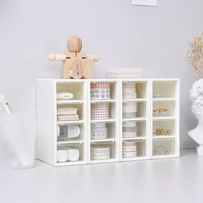 White Desktop Cosmetic Storage Box with 4 Drawer Units Container Case Small Organizer Box for Office Home Makeup images - 6